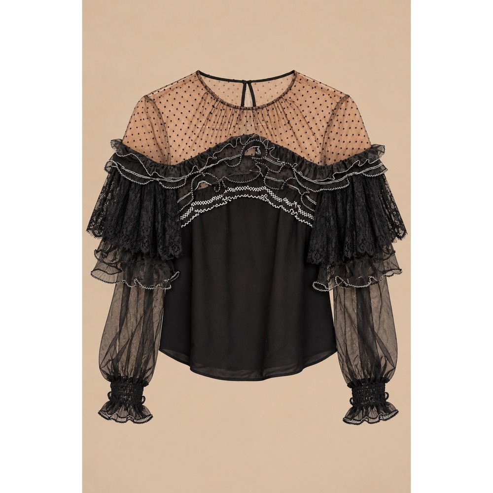 Self-Portrait Womens US 4 Black Lace Ruffle Sheer Polka Dot Blouse SP16-010TB